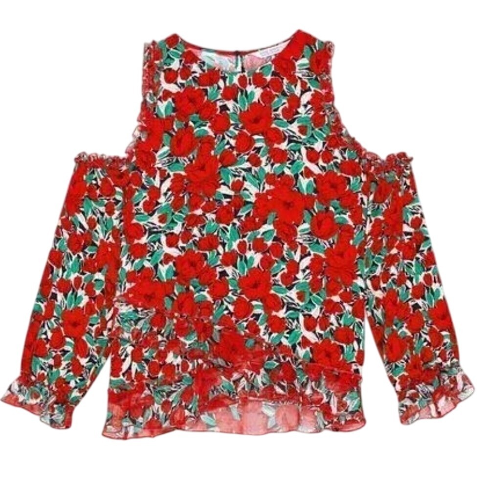 Zara Basic Z1975 Denim Red Floral Cold Shoulder Ruffle Blouse Top Small